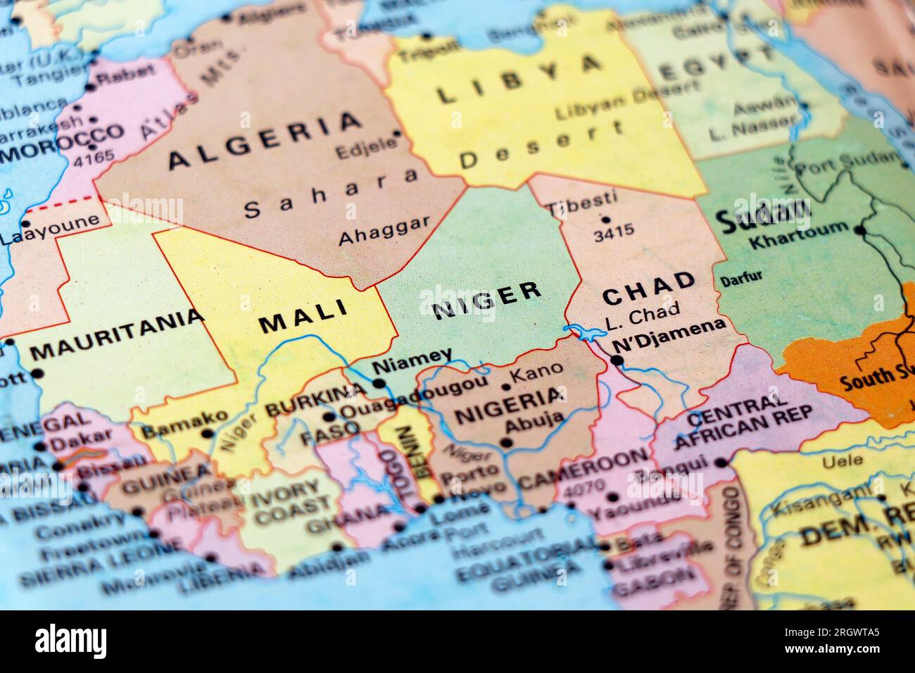 Mappa mondiale dell'africa con primo piano in niger, ciad, Nigeria, Benin e Burkina Faso, Mali e Algeria Foto Stock
