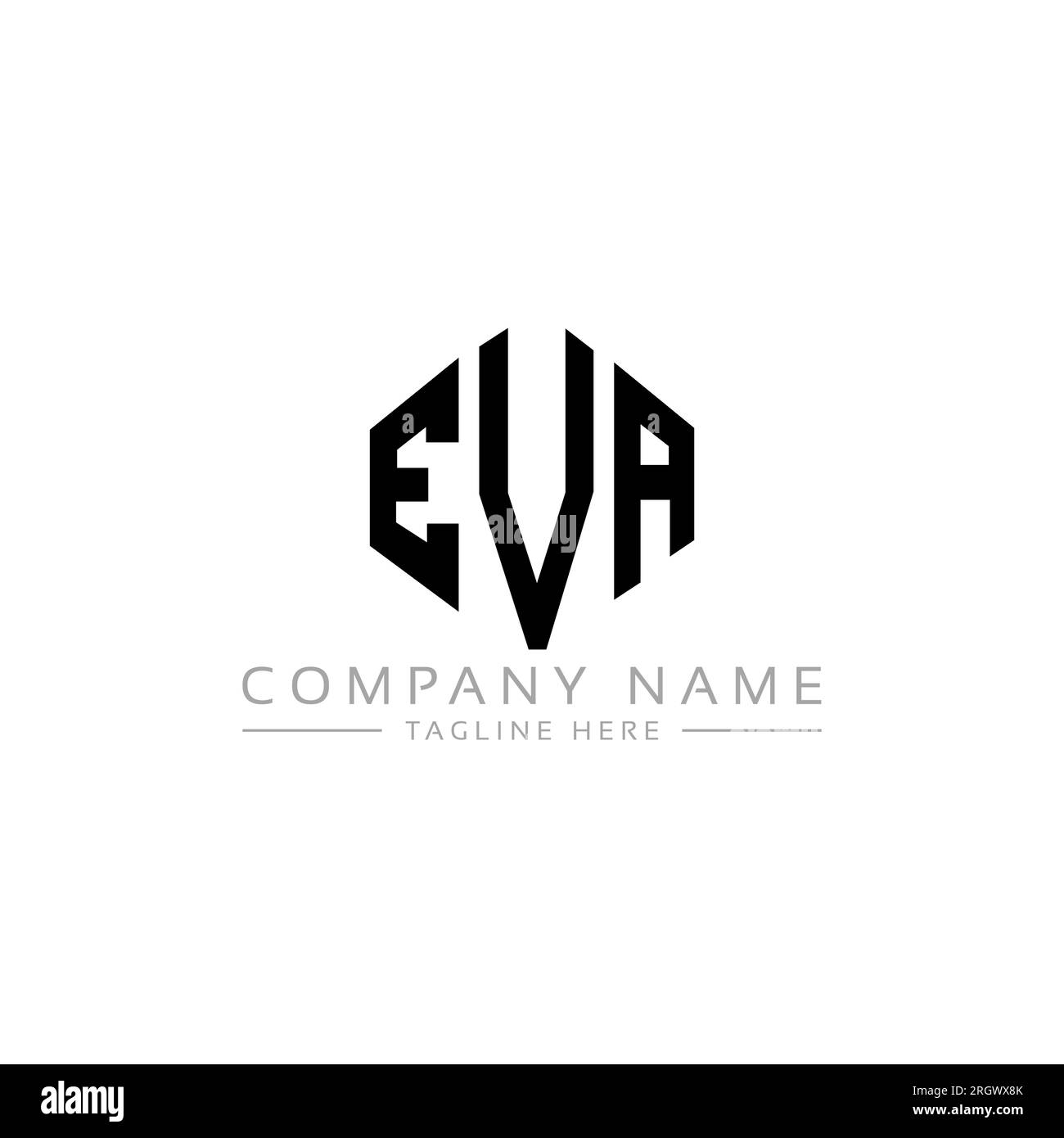 Logo EVA Letter con forma poligonale. Design con logo a forma di cubo e poligono EVA. Modello con logo vettoriale esagonale EVA bianco e nero. Eva monogr Illustrazione Vettoriale