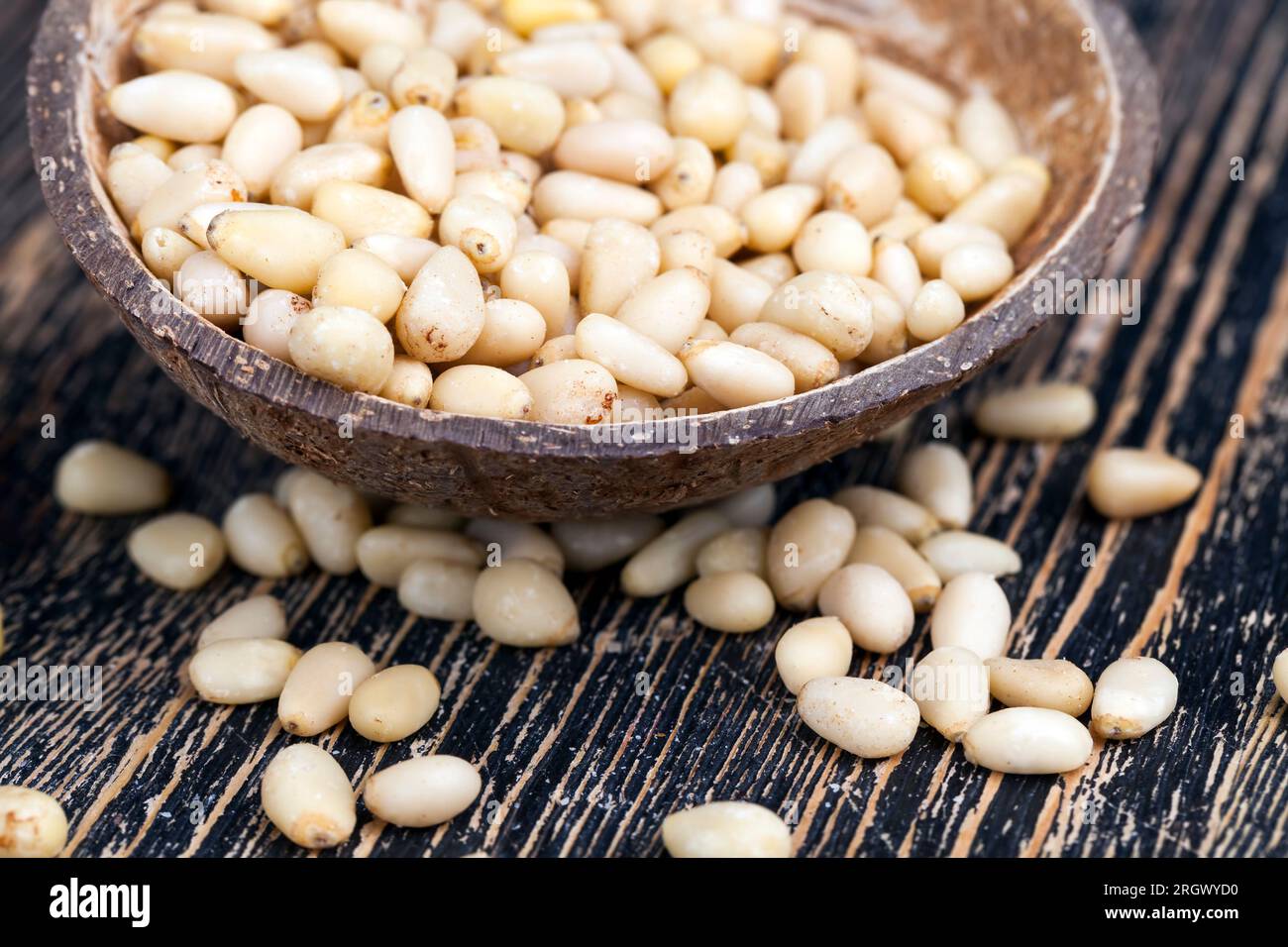 noci utili, una parte del guscio rimane sui cedri, pinoli sbucciati Foto Stock