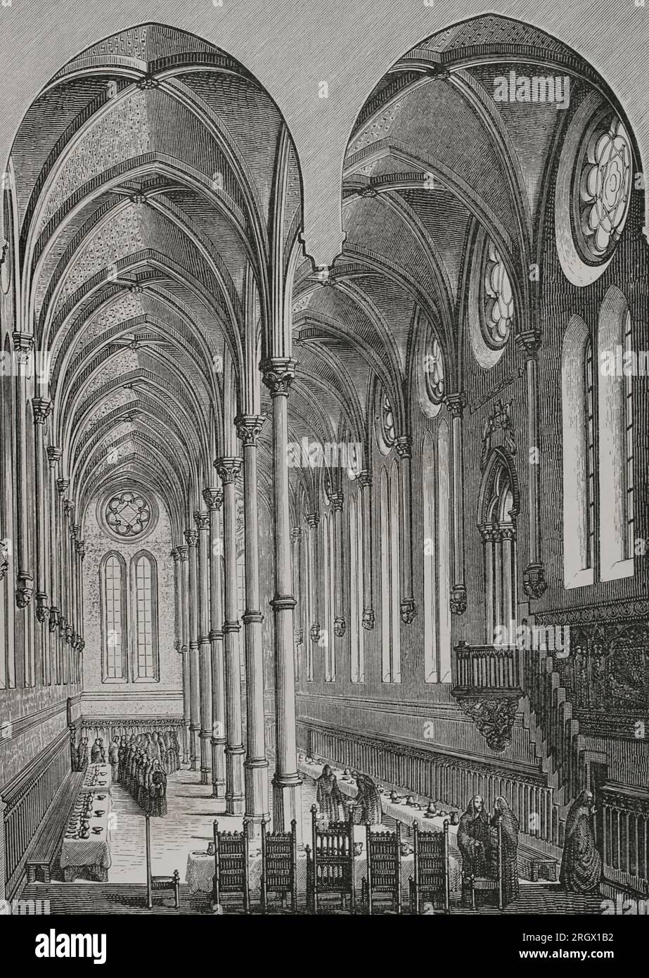 Parigi, Francia. Saint-Martin-des-Champs Priory. Refettorio. xiii secolo. Incisione. "Vie Militaire et Religieuse au Moyen Age et à l'Epoque de la Renaissance". Parigi, 1877. Foto Stock