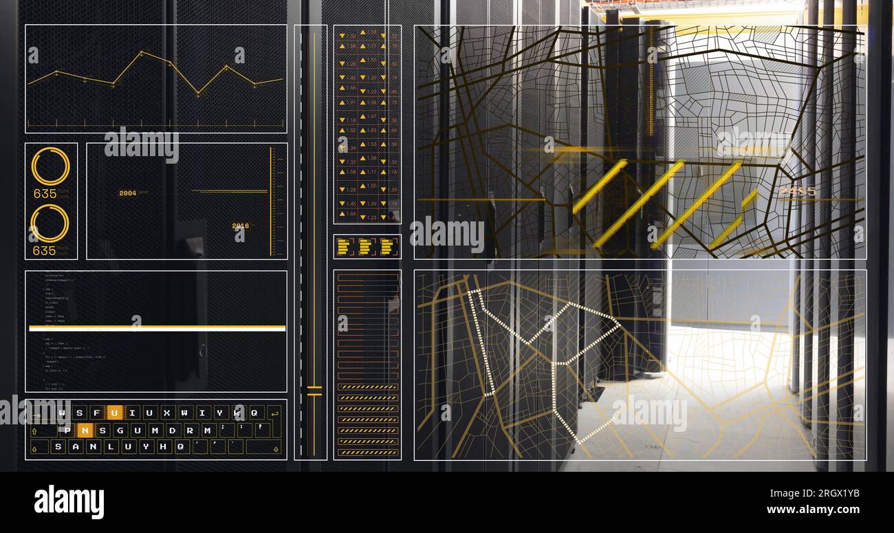 Immagine di grafico, cerchi e barre di caricamento, linee, schema di navigazione nella sala server Foto Stock