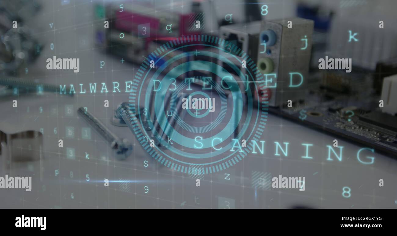 Immagine di cerchi, testi, lettere, simboli sugli strumenti di riparazione, componenti elettronici sulla tabella Foto Stock