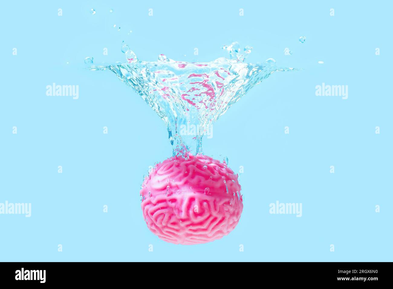 Modello cerebrale umano sommerso dall'acqua con spruzzi di blu. Esplorare le complessità del cervello umano e le profondità nascoste all'interno. Foto Stock