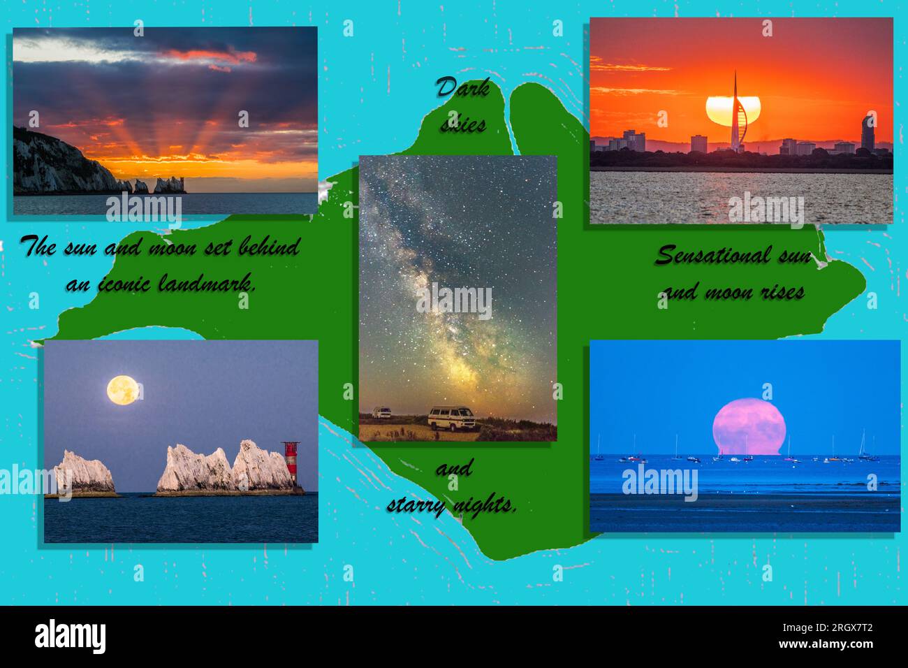 Una cartolina con cinque vedute panoramiche sull'Isola di Wight. Il sole, la luna e la milkyway in ambientazioni iconiche. Foto Stock