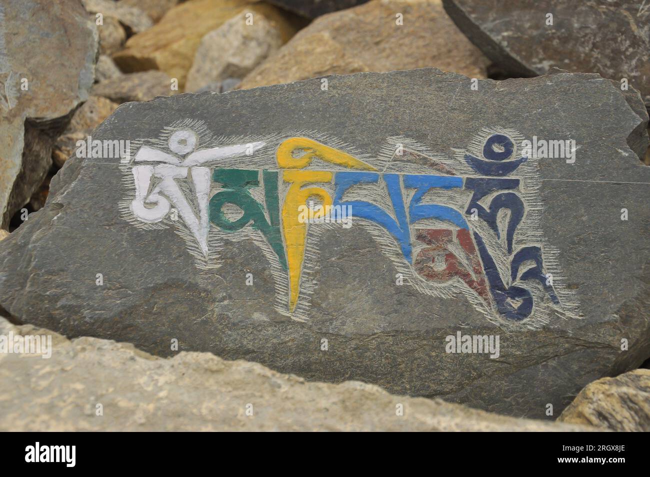Primo piano di pietra incisa con mantra buddista Om mani Padme Hum nella valle di Zanskar, Ladakh, INDIA Foto Stock