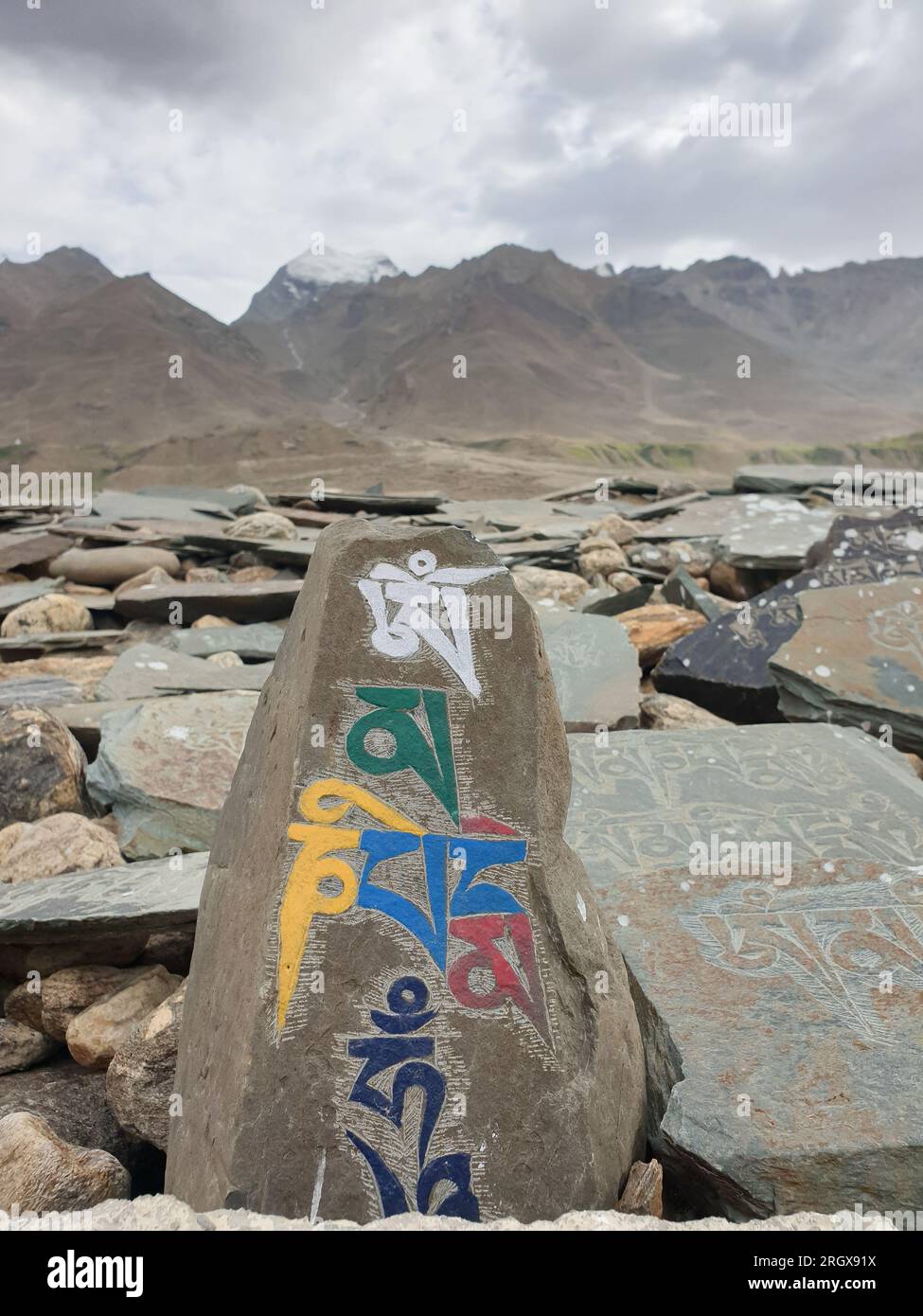 Pietre incise con mantra buddista Om mani Padme Hum sullo sfondo delle montagne di Padum, Zanskar Valley, Ladakh, INDIA Foto Stock