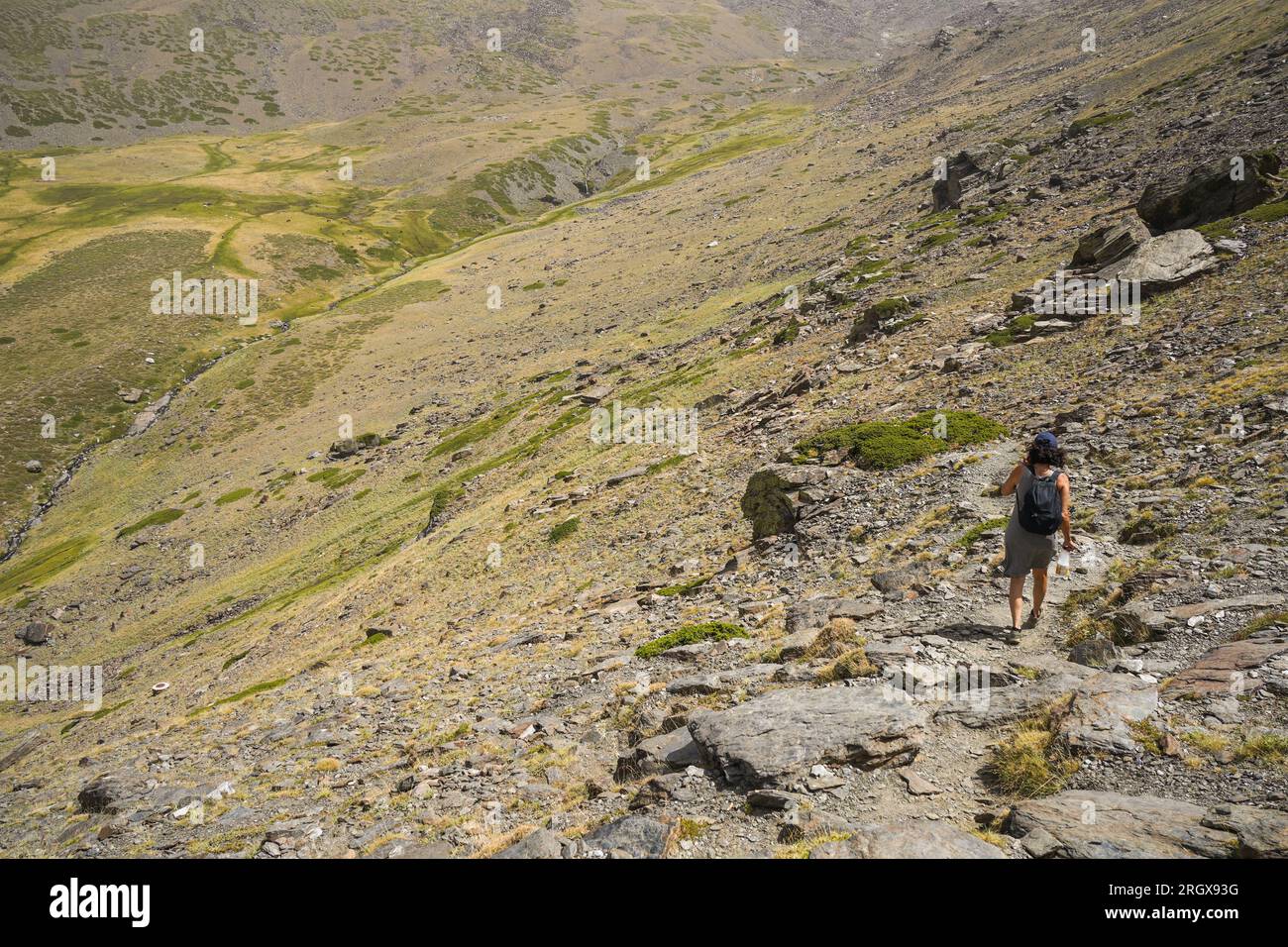 Escursionista che cammina da sola in montagna, Sierra Nevada, nella stagione estiva. Granada, Andalusia, Spagna. Foto Stock