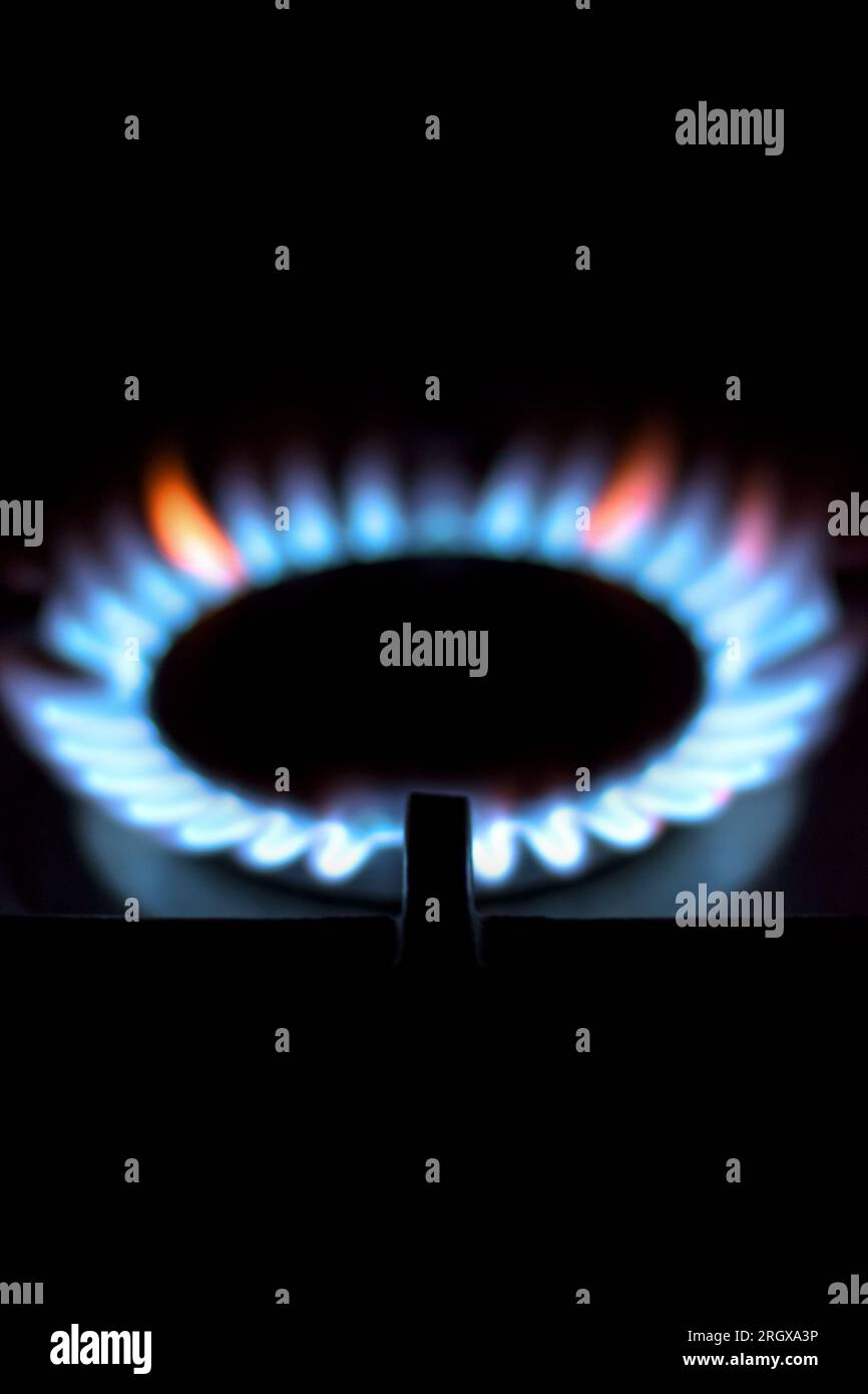 Fiamme blu e arancioni di una stufa a gas. Layout verticale. Foto Stock