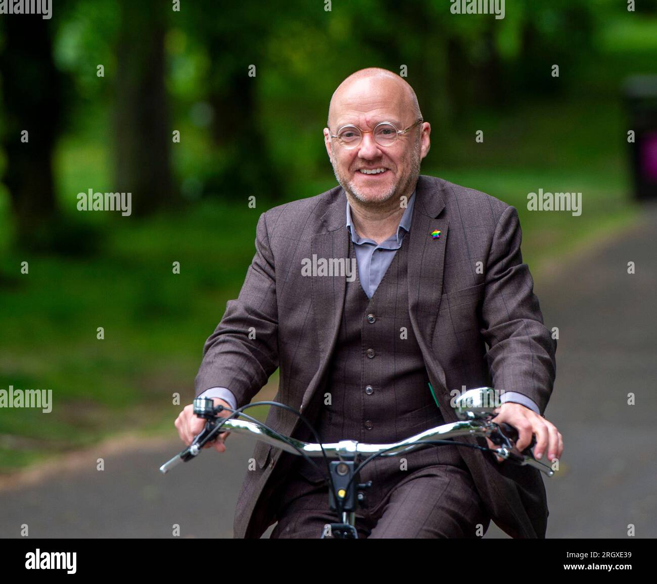 Patrick Harvie, co-leader dei Green scozzesi e MSP per Glasgow, nella foto a Queens Park, Glasgow. Foto Stock