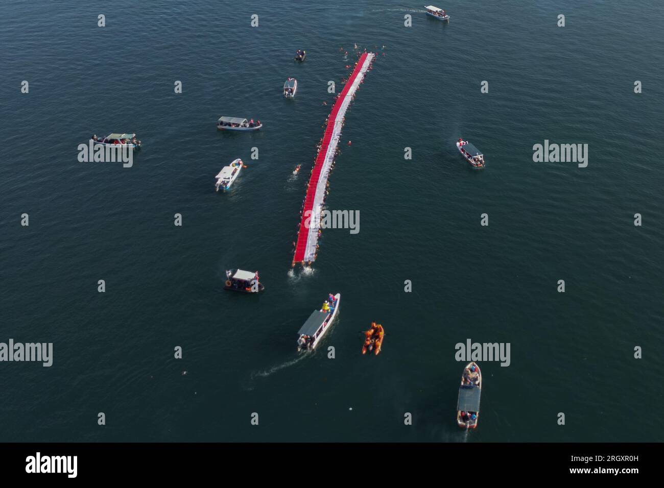 Makassar, Sulawesi meridionale, Indonesia. 12 agosto 2023. Foto aerea di un certo numero di nuotatori che sventolano e sfilano la bandiera della Repubblica di Indonesia nello stretto di Makassar, Sulawesi meridionale Indonesia, sabato 12 agosto 2023. Allo scoppio della bandiera della Repubblica di Indonesia, alta 78 metri, hanno partecipato 140 nuotatori e hanno sfilato per 1,8 chilometri nuotando. (Immagine di credito: © Moh Niaz Sharief/ZUMA Press Wire) SOLO USO EDITORIALE! Non per USO commerciale! Foto Stock