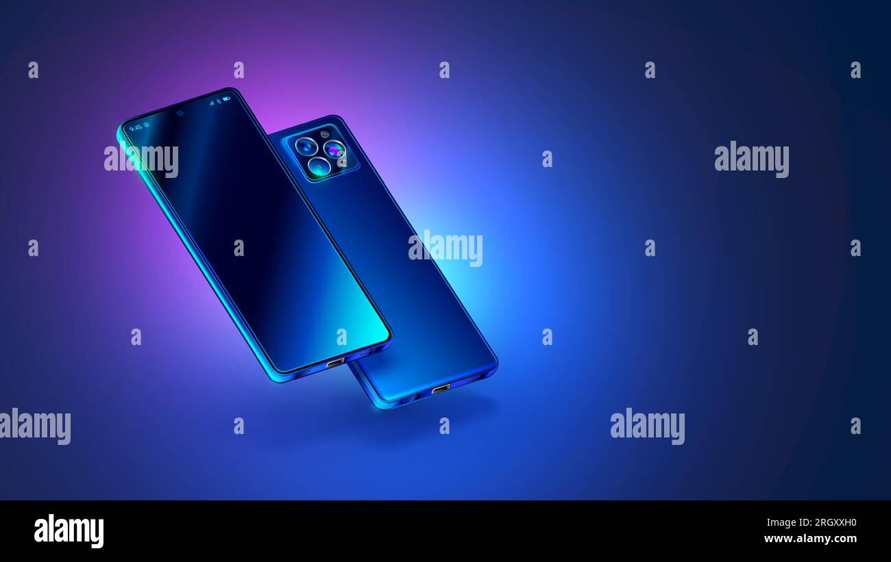 Telefoni su entrambi i lati con angolo di sospensione sopra il tavolo. Modello di telefono vettoriale realistico con schermo vuoto. Smartphone sul lato dello schermo e fotocamera sul retro blu Illustrazione Vettoriale