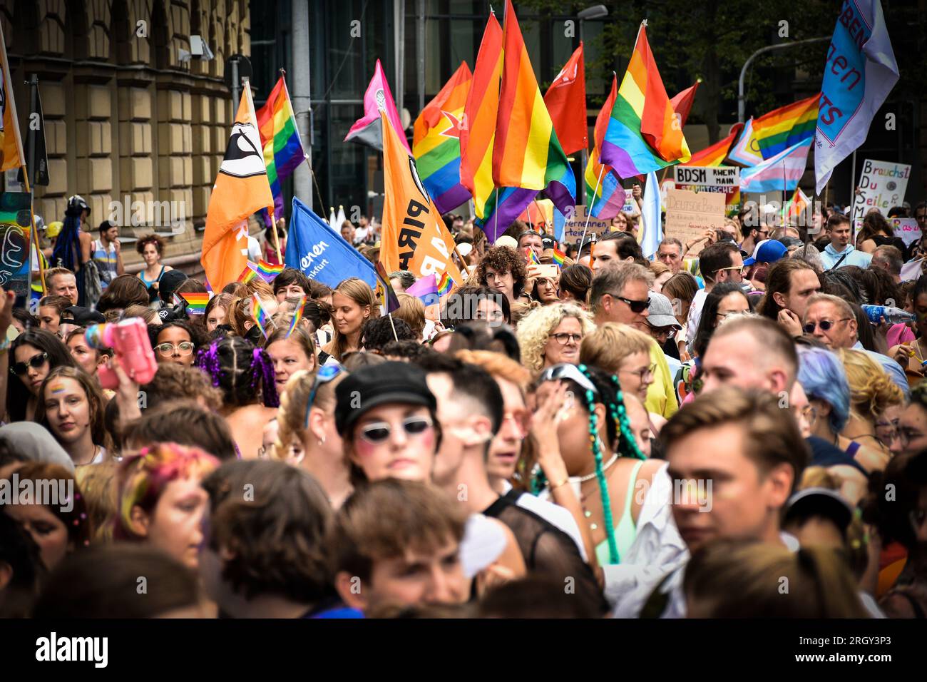 Celebrazione della diversità e dei diritti al CSD annuale di Francoforte. Queste foto catturano la gioia e l'unità della comunità LGBTIQ. Foto Stock