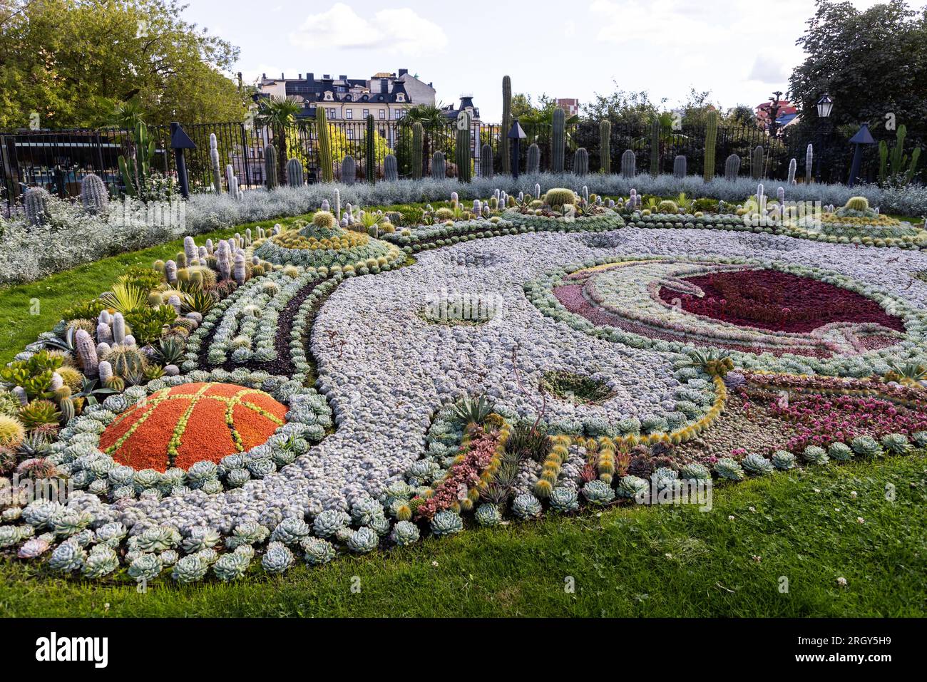 Il cactus piantato nel parco Karl Johans nel centro di Norrköping, Svezia. Il tema di quest'anno celebra il 60° anniversario del club di basket Norrköping Dolphins. Foto Stock