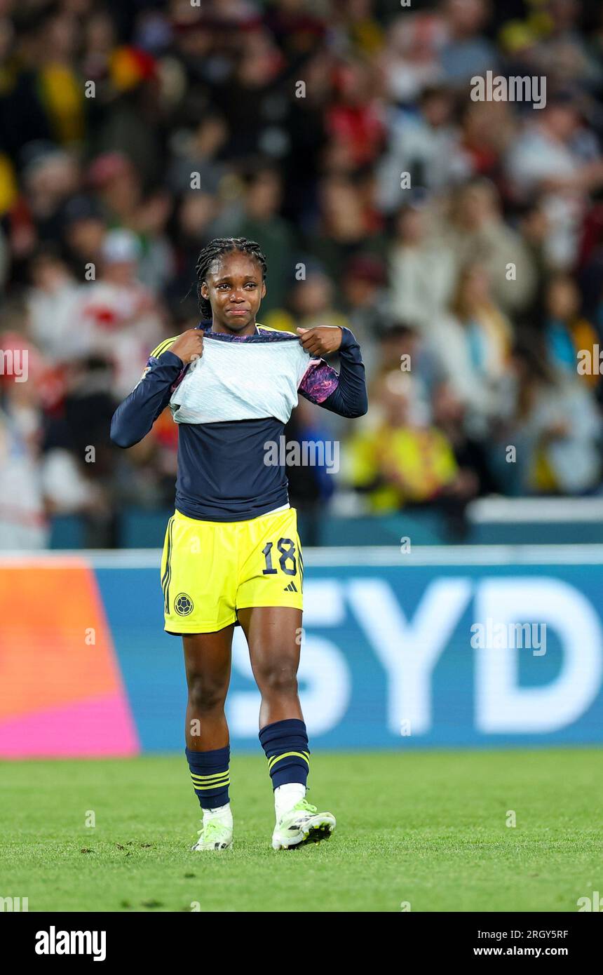 Sydney, Australia. 12 agosto 2023. La colombiana Linda Caicedo reagisce dopo la partita dei quarti di finale tra Inghilterra e Colombia alla Coppa del mondo femminile 2023 a Sydney, Australia, 12 agosto 2023. Crediti: Bai Xuefei/Xinhua/Alamy Live News Foto Stock