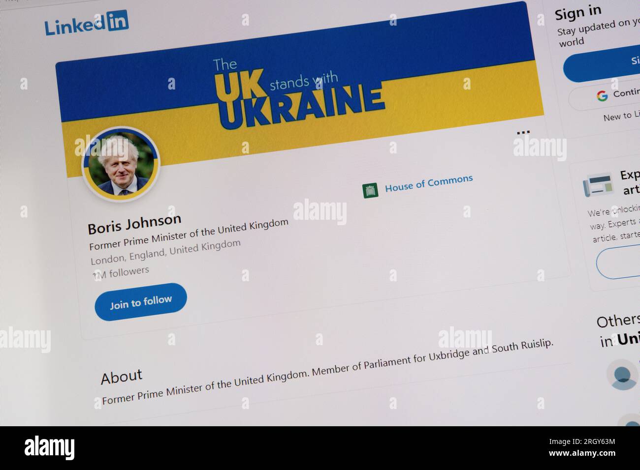 Il sito LinkedIn di Boris Johnson, ex primo ministro del Regno Unito. Foto Stock