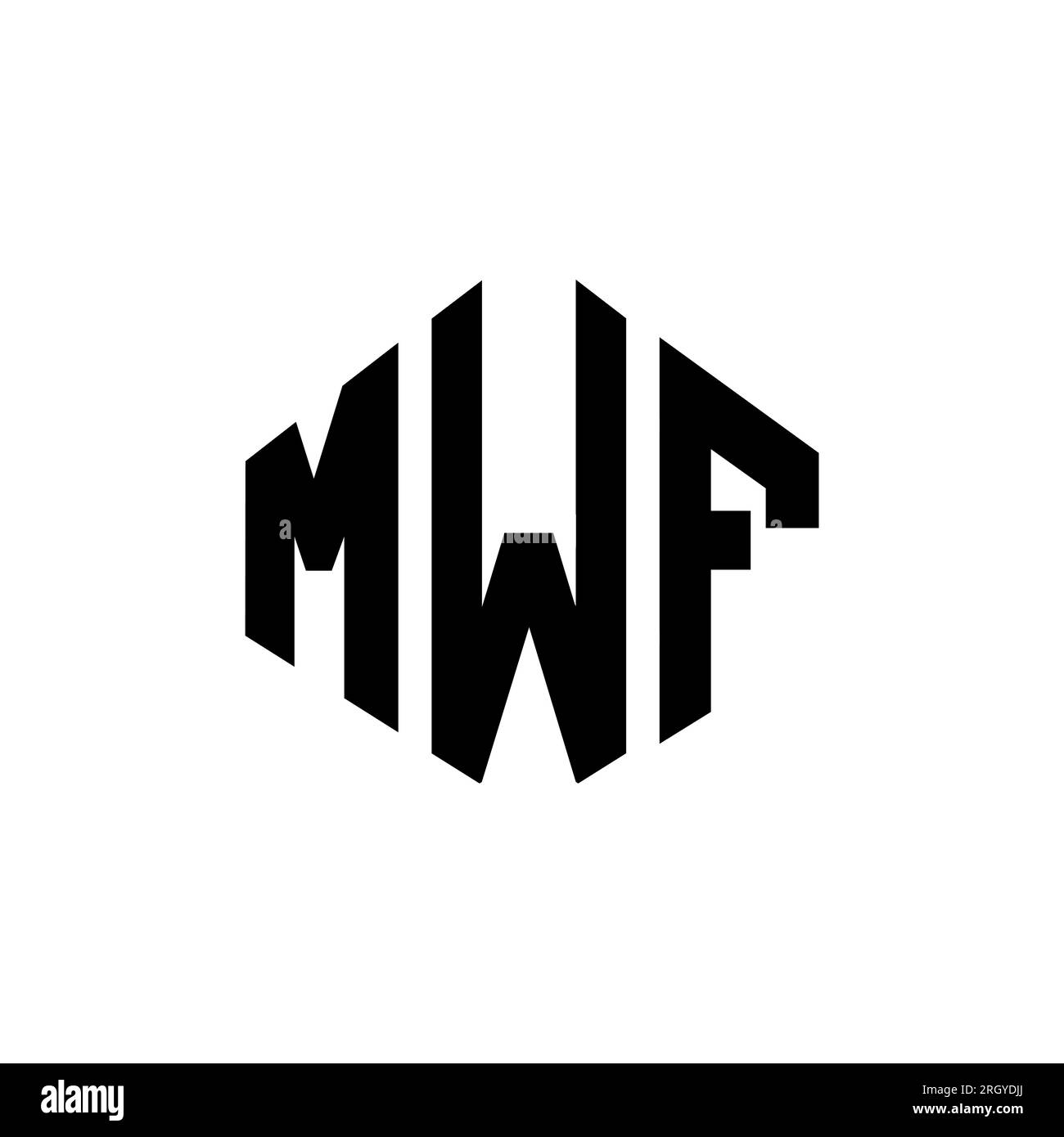 Logo MWF Letter con forma poligonale. Design con logo a forma di cubo e poligono MWF. Modello con logo vettoriale esagonale MWF in bianco e nero. MWF monogr Illustrazione Vettoriale
