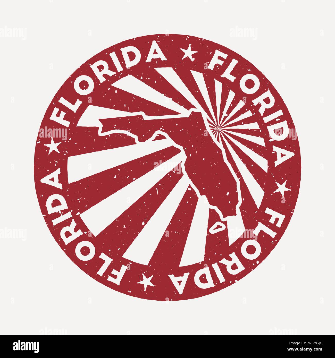 Francobollo della Florida. Timbro rosso da viaggio con la mappa dello stato degli Stati Uniti, illustrazione vettoriale. Illustrazione Vettoriale