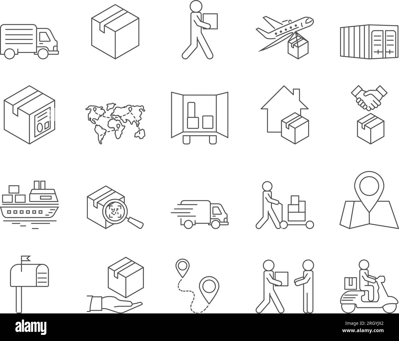 Set di icone di spedizione e consegna. Cargo, Logistica, Parcel. Tratto modificabile. Raccolta vettoriale icone semplici Illustrazione Vettoriale