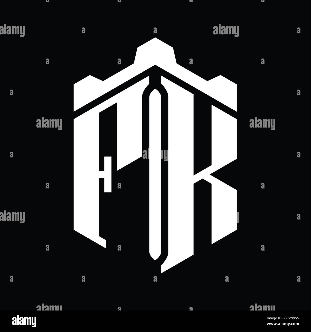 FK Letter Logo monogramma forma esagonale con corona a castello modello di design geometrico Foto Stock