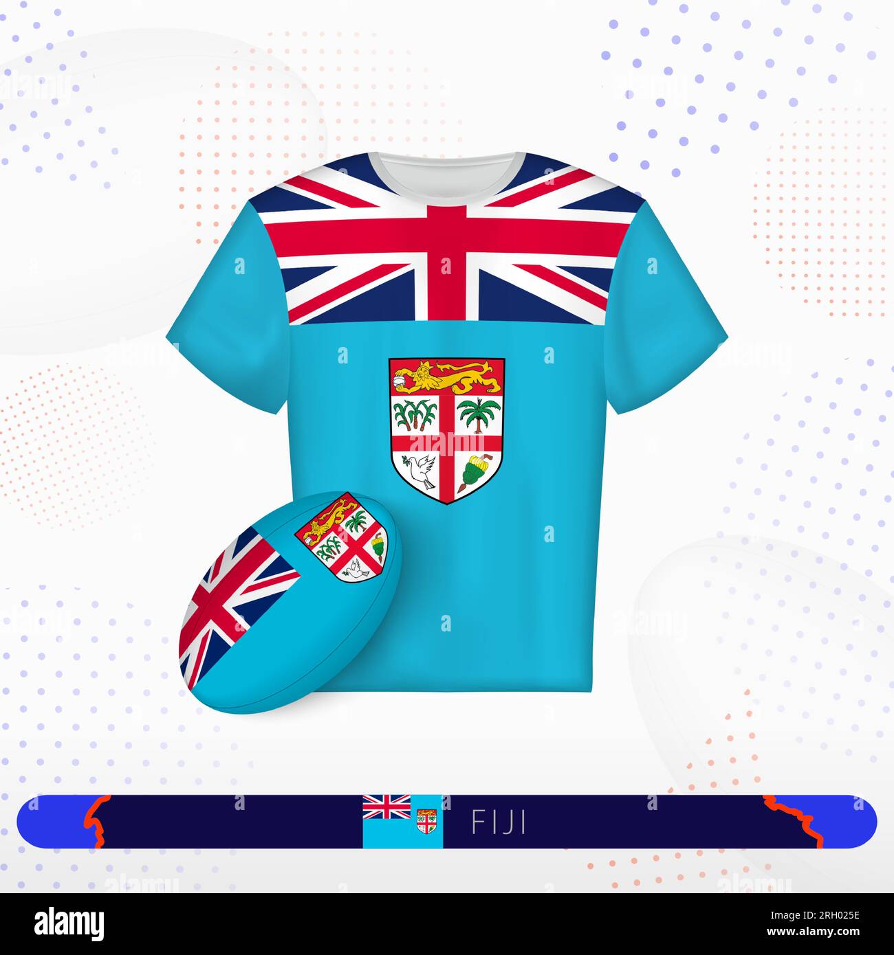 Maglia da rugby Fiji con palla da rugby Fiji sullo sfondo sportivo astratto. Design Jersey. Illustrazione Vettoriale