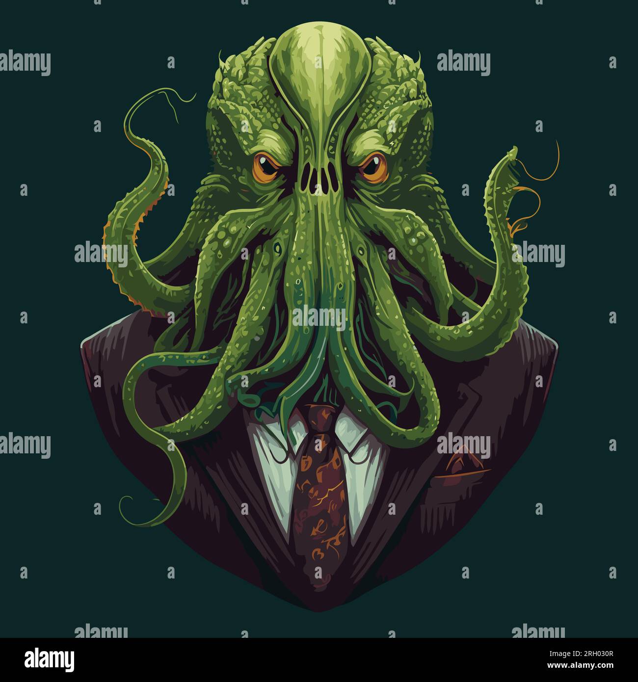 Business Cthulhu in un Fancy Pinstripe, completo. Cryptobro Monster. Art. Vettoriale Fantasy, Horror, Sci-Fi, Graphic Novel Style Character Ritratto. Illustrazione Vettoriale