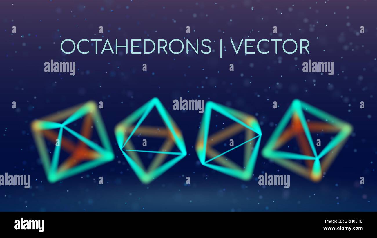 4 ottaedroni con bordi da diversi angoli di visione. Profondità di campo. Visualizzazione di gemme o forme geometriche Illustrazione Vettoriale