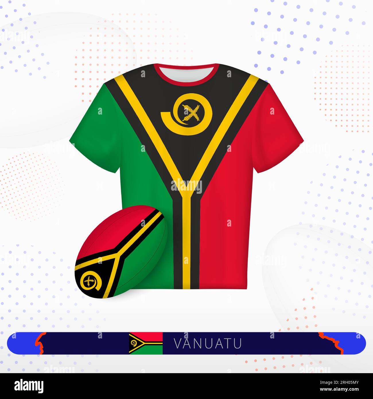 Maglia da rugby Vanuatu con palla da rugby Vanuatu sullo sfondo sportivo astratto. Design Jersey. Illustrazione Vettoriale