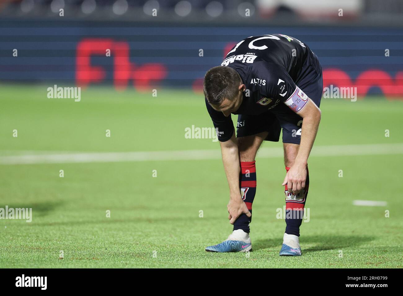 Liegi, Belgio. 12 agosto 2023. I giocatori di Liegi guardano degettati dopo una partita di calcio tra RFC Liegi e Dender EH, sabato 12 agosto 2023 a Liegi, il giorno 1/30 della seconda divisione del campionato belga "Challenger Pro League" del 2023-2024. BELGA PHOTO BRUNO FAHY Credit: Belga News Agency/Alamy Live News Foto Stock