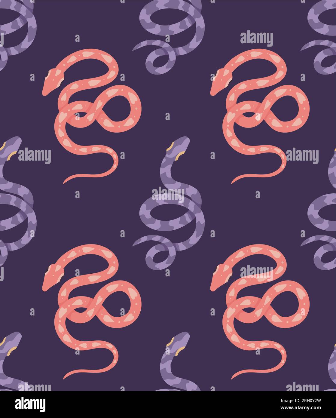 Motivo vettoriale senza cuciture con serpenti viola e rosa. Texture cartone animato con pitoni su sfondo viola. Design superficiale con serpenti per tessuti Illustrazione Vettoriale