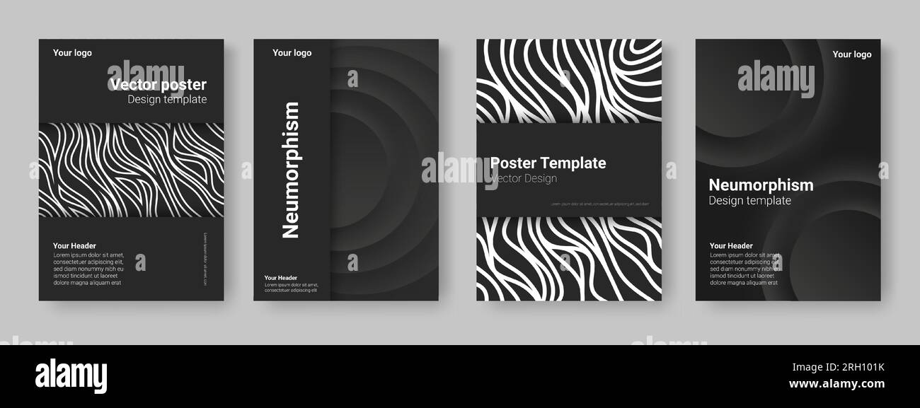 Set di poster per neumorfismo. Design monocromatico in bianco e nero. Linee e cerchi. Grafico astratto minimale. Modello di muratura, brochure o volantini. Vertic Illustrazione Vettoriale