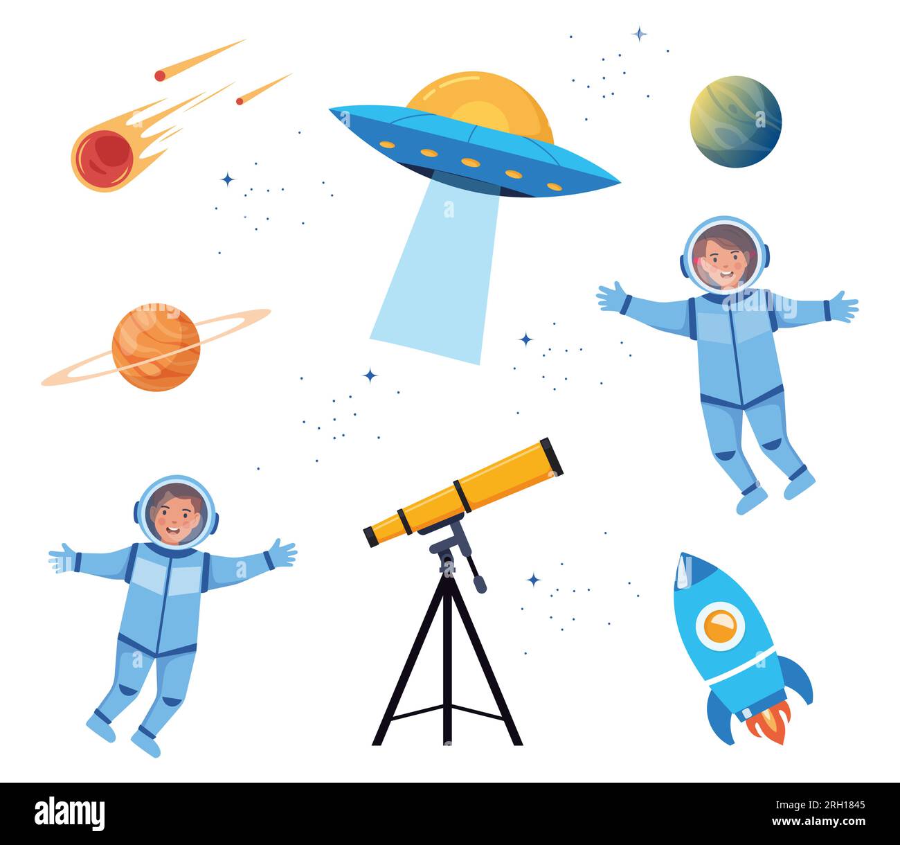 Cartoni animati per bambini e galassia. Oggetti spaziali, telescopio, astronauti, razzo, disco volante, pianeti cometa illusione vettoriale Illustrazione Vettoriale