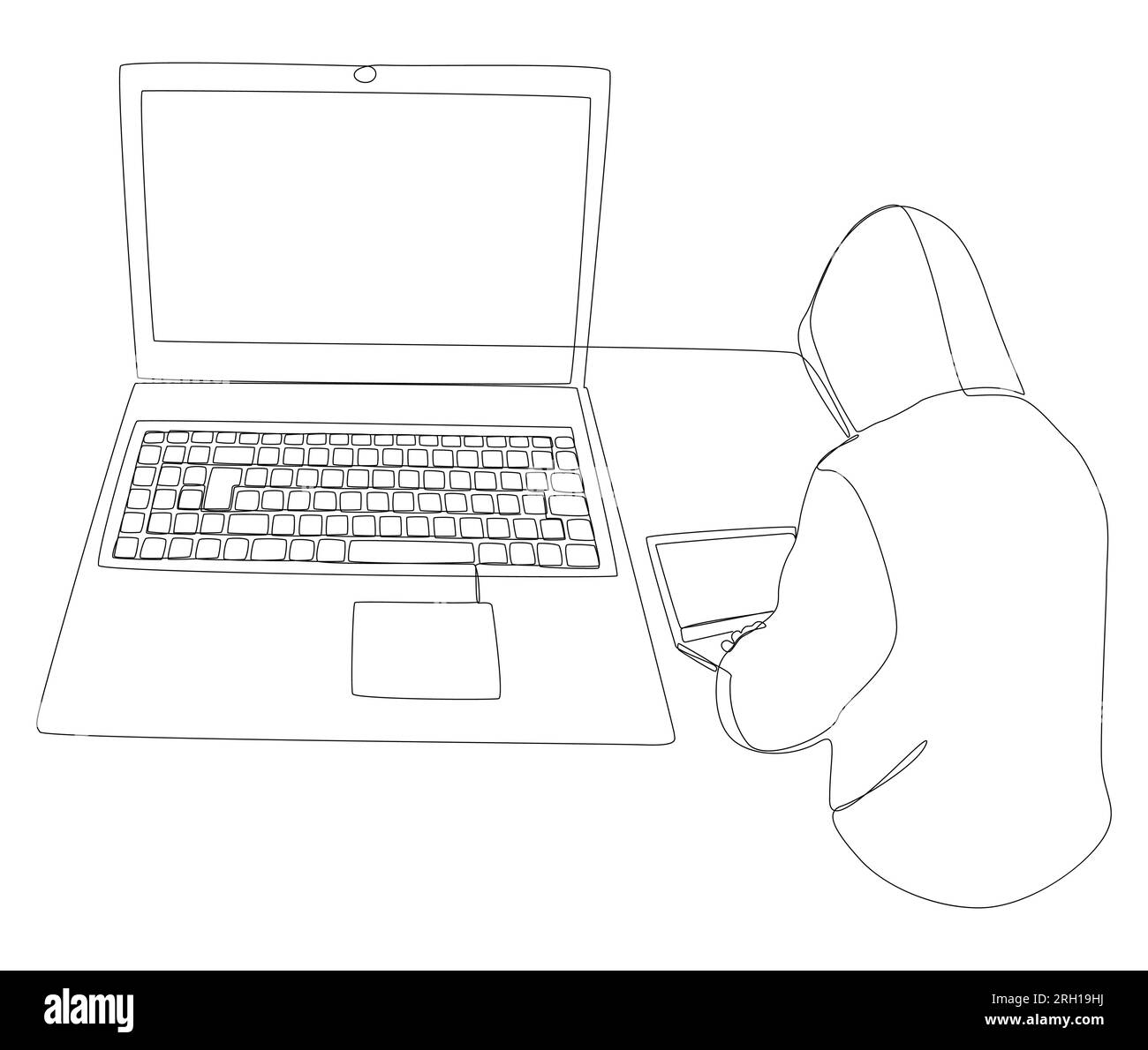 Una linea continua di notebook con hacker. Concetto vettoriale illustrazione a linee sottili. Idee creative per disegnare contorni. Illustrazione Vettoriale