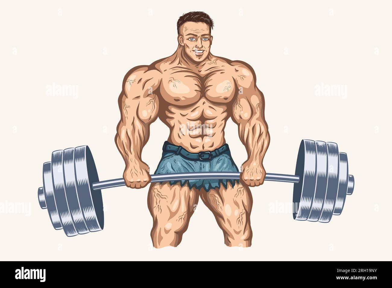 Illustrazione vettoriale di un allestitore con campanello. Cartoni animati vintage di un bodybuilder o di un powerlifter. Uomo forte. Fitness e bodybuilding. Illustrazione Vettoriale