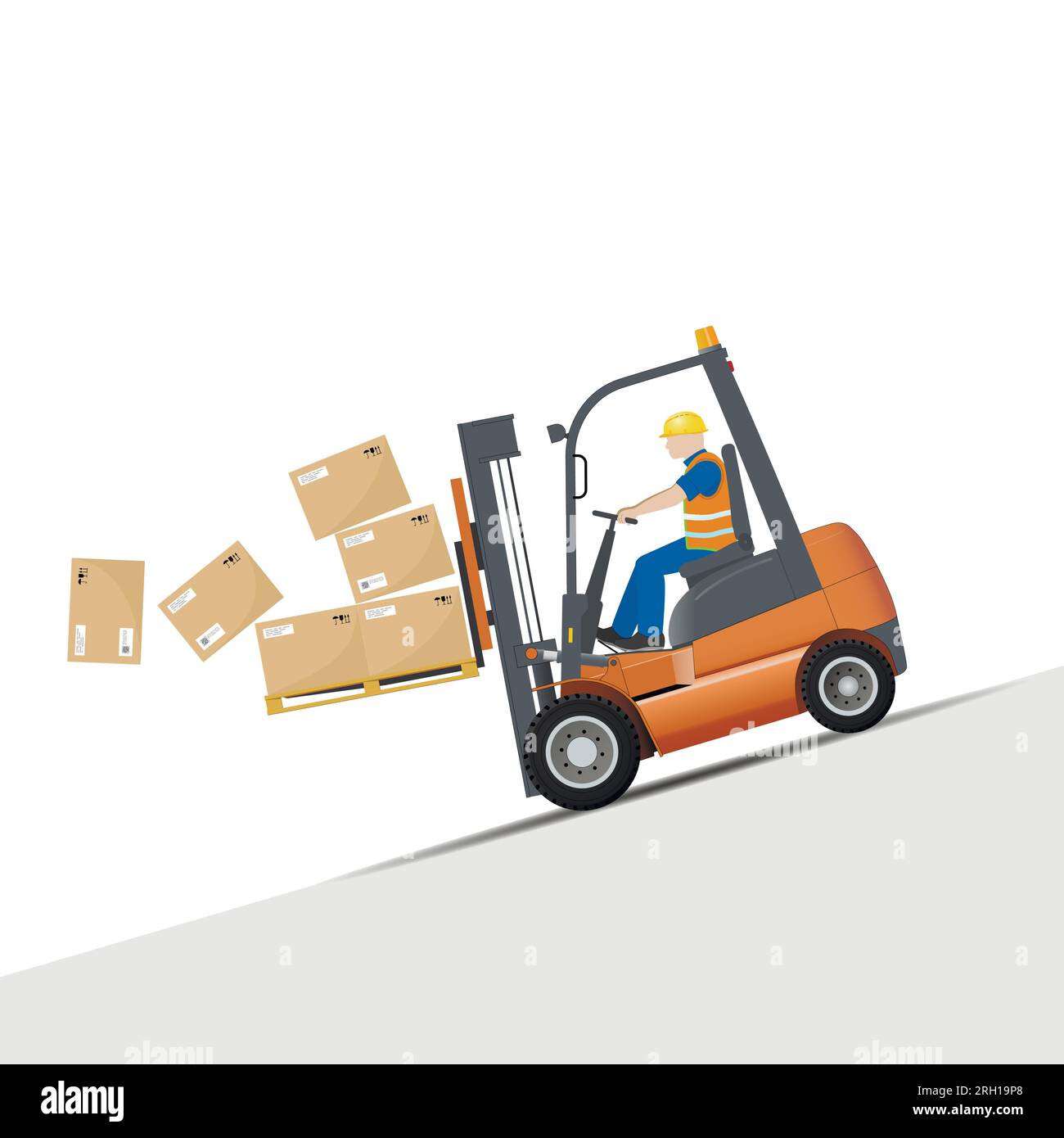 Pericoli legati al lavoro con un carrello elevatore a forche. È vietato guidare lungo la pendenza in marcia avanti. Illustrazione Vettoriale