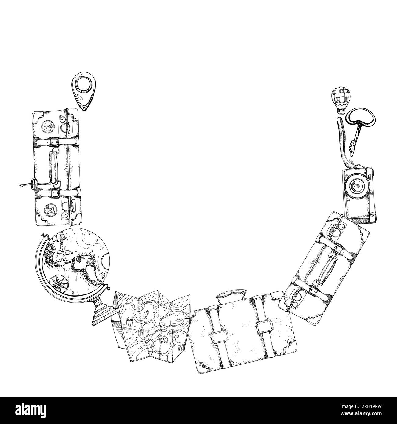 Schizzo grafico vettoriale disegnato a mano con inchiostro. Telaio della corona tonda. Accessori turistici, valigia, beuta sottovuoto, macchina fotografica, mappamondo. Turismo Illustrazione Vettoriale
