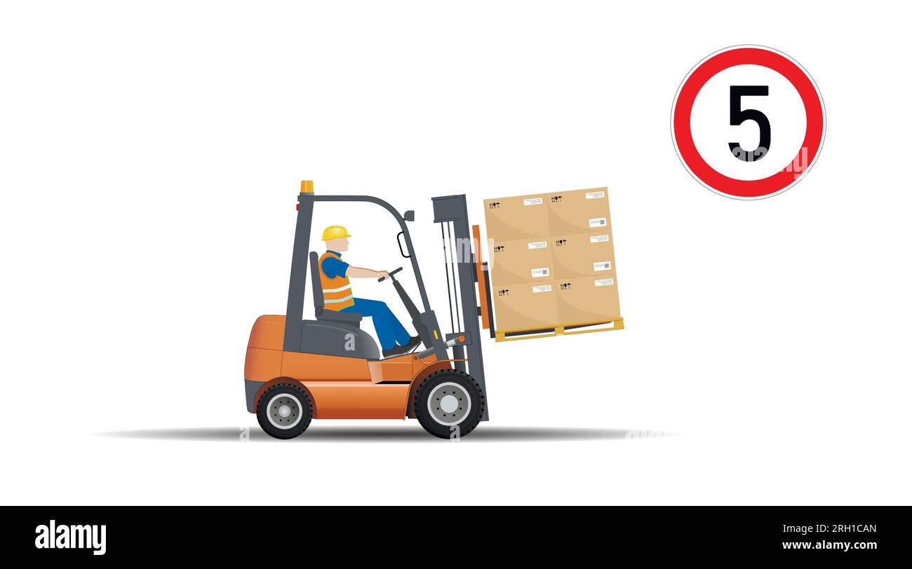 Pericoli legati al lavoro con un carrello elevatore a forche. Rispettare il limite di velocità stabilito. Vettore. Illustrazione Vettoriale