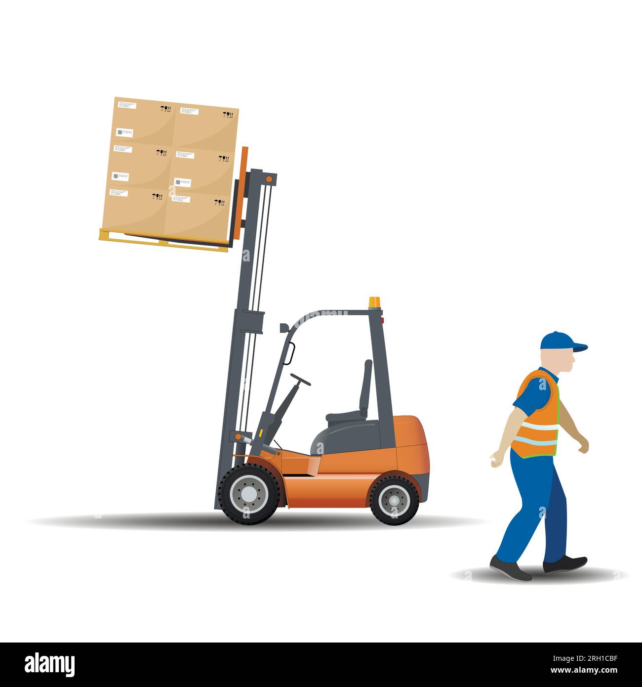 Pericoli legati al lavoro con un carrello elevatore a forche. Non lasciare il carrello elevatore a forche con un carico sollevato. Vettore. Illustrazione Vettoriale