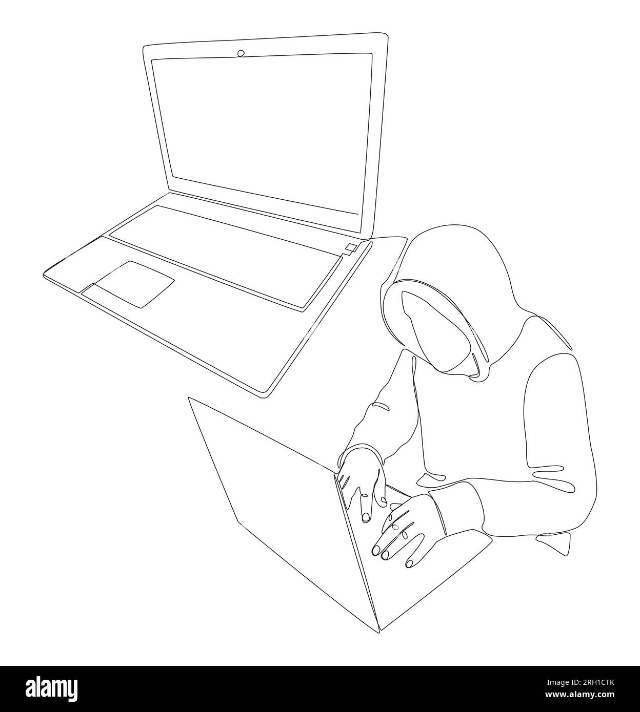 Una linea continua di notebook con hacker. Concetto vettoriale illustrazione a linee sottili. Idee creative per disegnare contorni. Illustrazione Vettoriale
