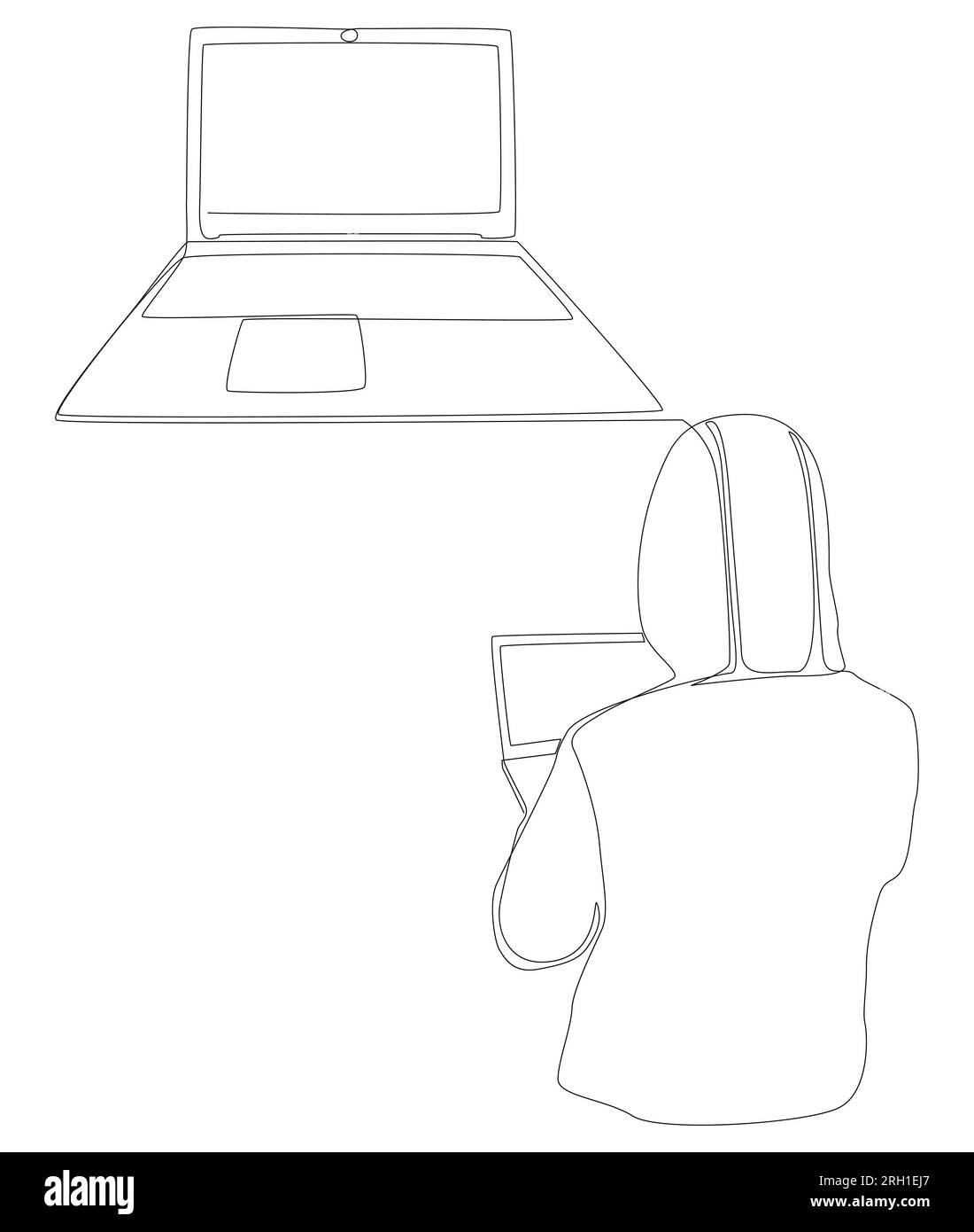 Una linea continua di notebook con hacker. Concetto vettoriale illustrazione a linee sottili. Idee creative per disegnare contorni. Illustrazione Vettoriale