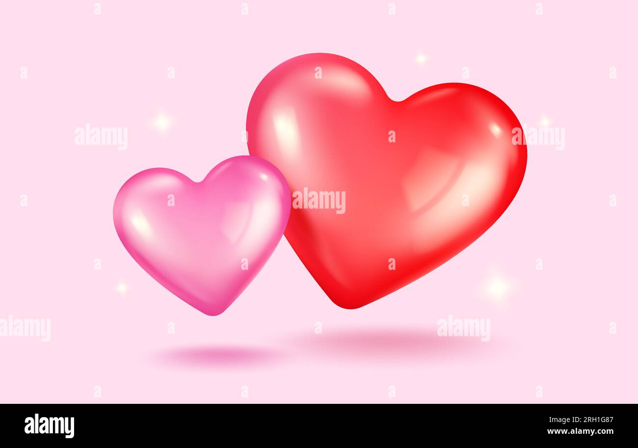 Icone vettoriali di cuori rosa e rosso per San Valentino in realistico stile 3D. Banner Vector Realistic con cuore su sfondo rosa. Illustrazione Vettoriale