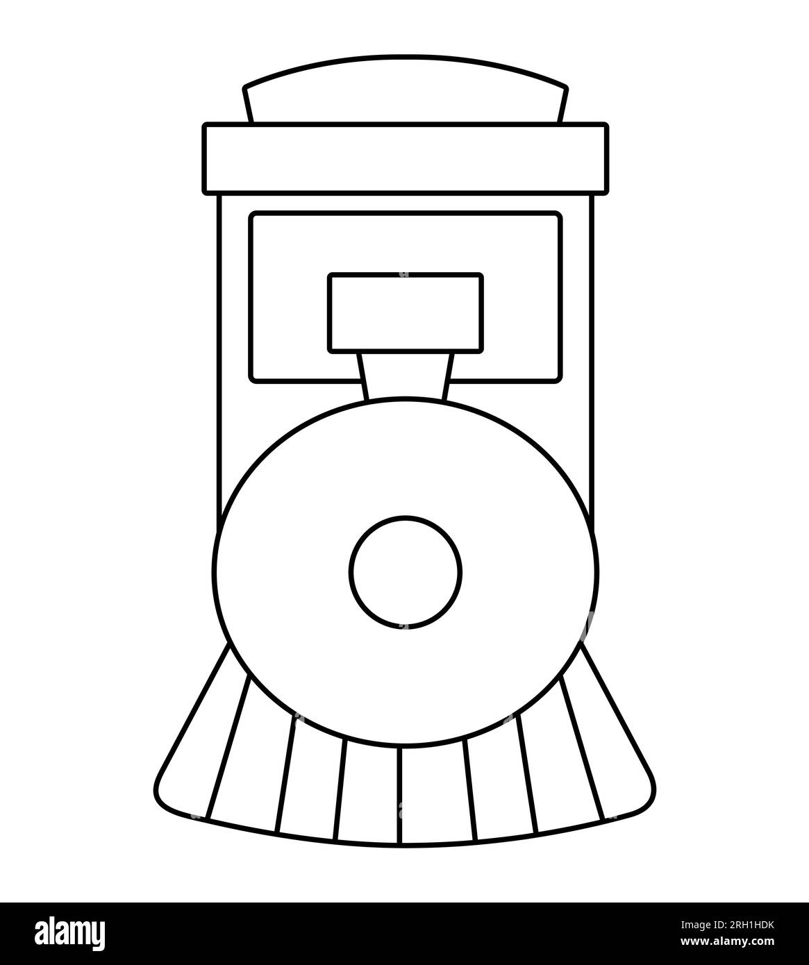 Vista frontale del treno a vapore Vector in bianco e nero. Divertente locomotiva o motore con carri per bambini. Graziosa clip della linea del veicolo art. Icona dei trasporti pubblici o c Illustrazione Vettoriale