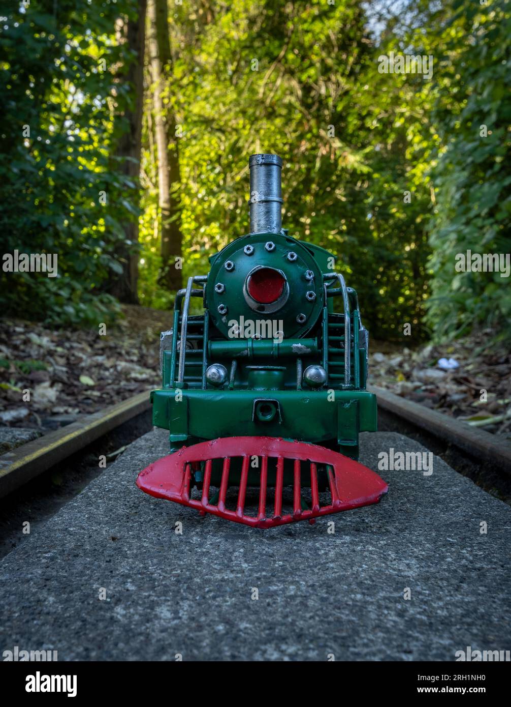 Modello di locomotiva a vapore verde con ruote rosse con sfondo boccola. Foto Stock