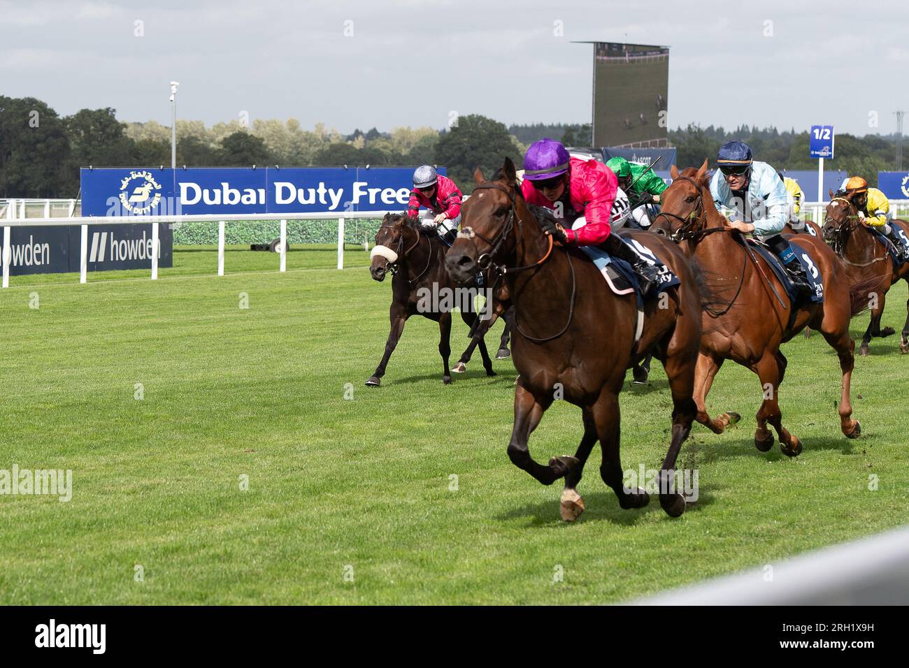 Ascot, Berkshire, Regno Unito. 13 agosto 2023. Horse Dark Trooper guidato da Saffie Osborne vince la Dubai Duty Free Shergar Cup Sprint all'Ascot Racecourse, ottenendo così una vittoria a squadre per le donne. Proprietario chi un Fred ma. Formatore ed Walker, Upper Lambourn. Allevatore Yeomanstown Stud Sponsorizzare ABM Catering Facilities Management. Credito: Maureen McLean/Alamy Live News Foto Stock