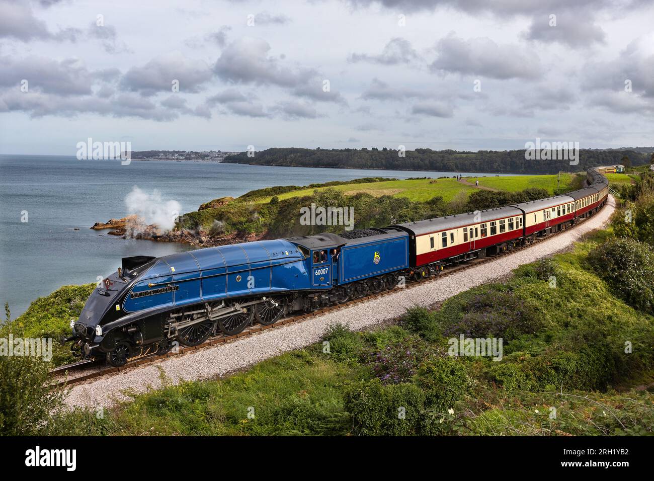 LNER Classe A4 4498 (60007) Sir Nigel Gresley treno a vapore nella foto che viaggia attraverso la campagna del Devon. baciare il mare. Foto Stock