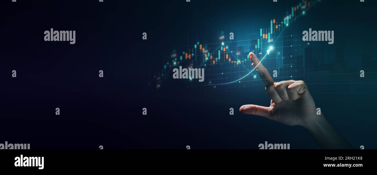 Negoziazione dell'indicatore del mercato azionario. indicatore di candela del mercato azionario. Schermata virtuale del dashboard monitor Stock Market. Foto Stock