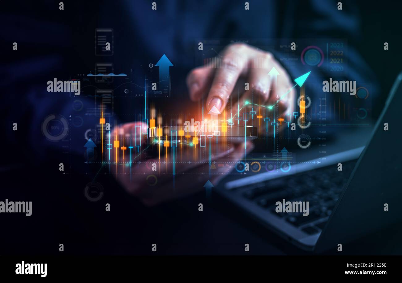 Negoziazione dell'indicatore del mercato azionario. indicatore di candela del mercato azionario. Schermata virtuale del dashboard monitor Stock Market. Foto Stock