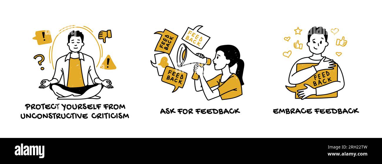 Set vettoriale di suggerimenti per la crescita personale e professionale, per lo sviluppo personale Illustrazione Vettoriale