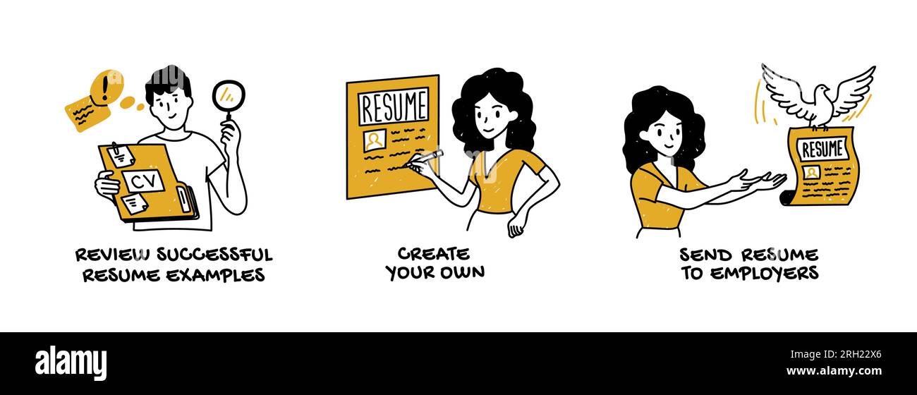 Suggerimenti e suggerimenti su come scrivere e inviare un curriculum con esito positivo, dichiarazione personale Illustrazione Vettoriale