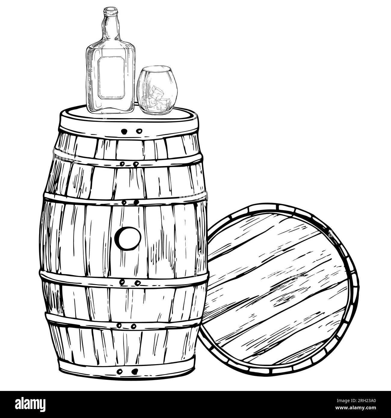 Schizzo grafico vettoriale disegnato a mano con inchiostro. Botte di legno di whisky scozzese scozzese scozzese, bottiglia con etichetta e vetro con rocce. Design per turismo, viaggi Illustrazione Vettoriale