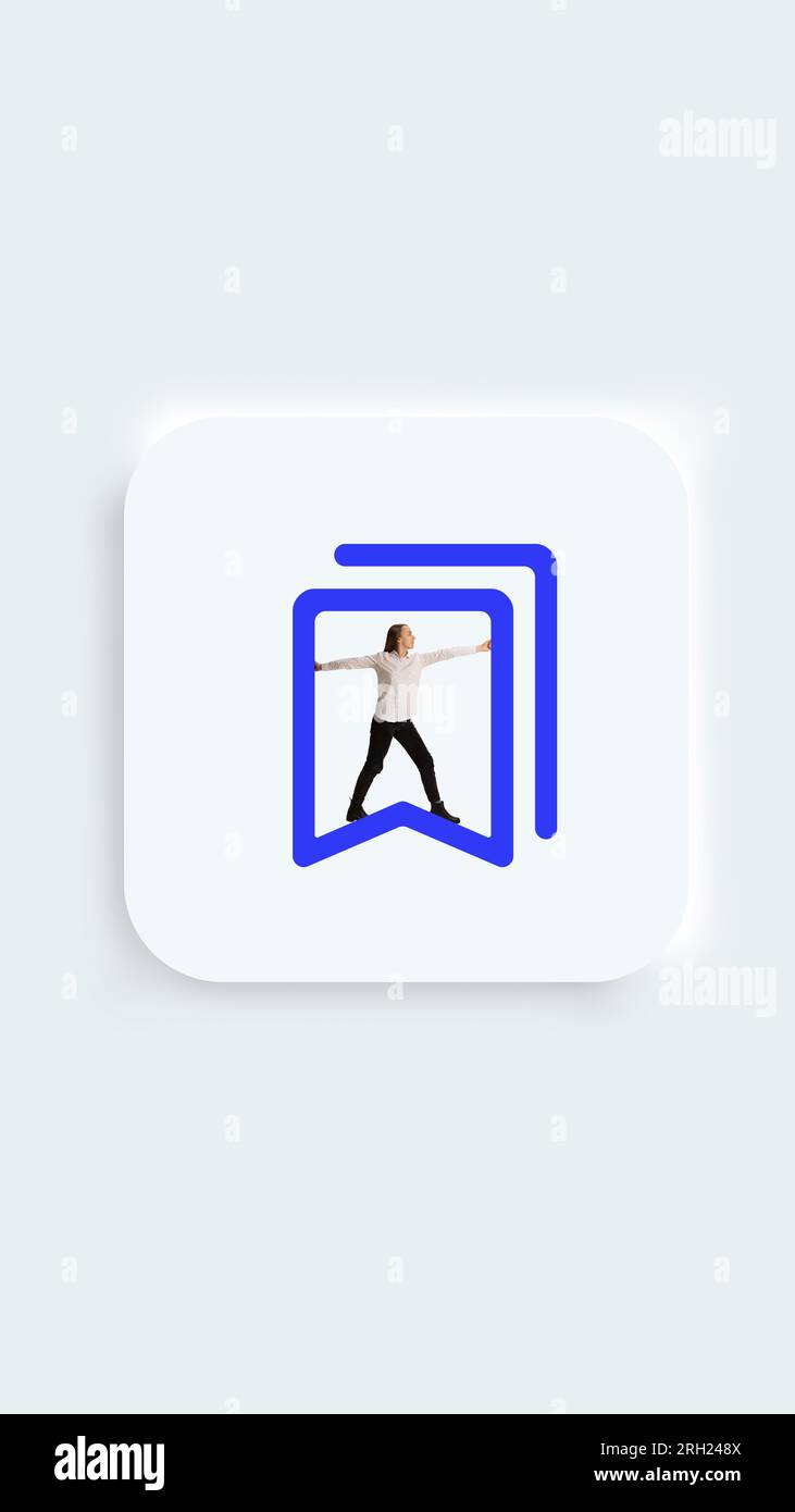 Azioni comuni. Collage d'arte contemporanea. Icona segnalibro, pulsante per Web, computer e app mobile. Giovane donna d'affari che resta all'interno del segno della bandiera. Foto Stock